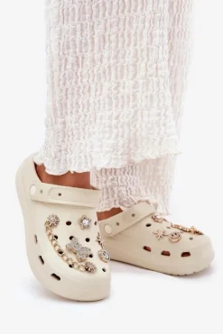 Piankowe Klapki Damskie Z Przypinkami Beżowe Linaviela