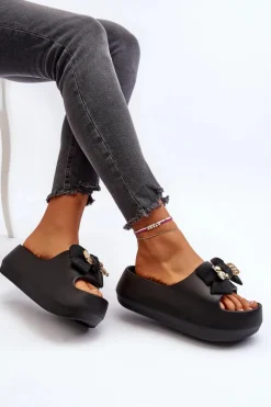 Piankowe Klapki Damskie Z Kokardą Czarne Salessa