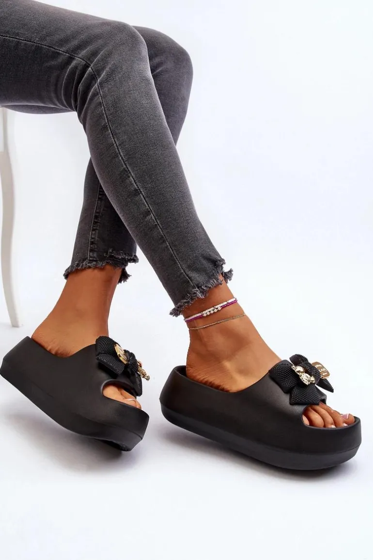 Piankowe Klapki Damskie Z Kokardą Czarne Salessa