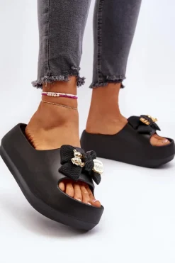 Piankowe Klapki Damskie Z Kokardą Czarne Salessa