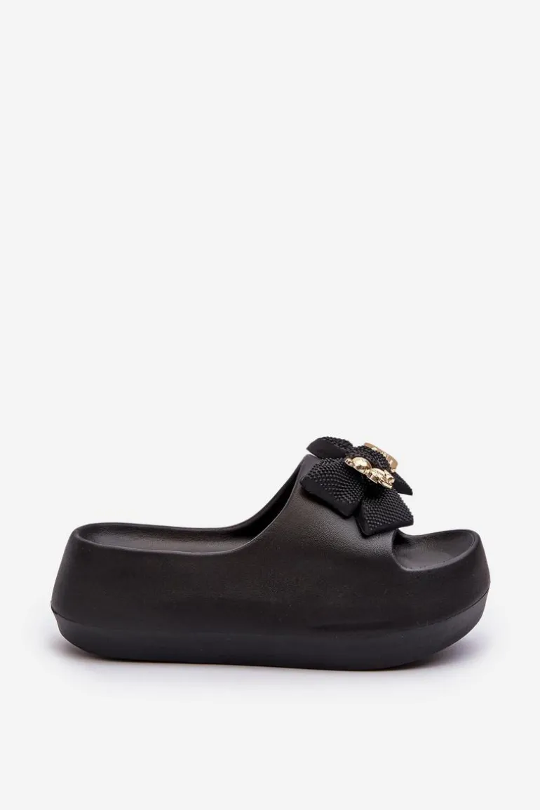 Piankowe Klapki Damskie Z Kokardą Czarne Salessa