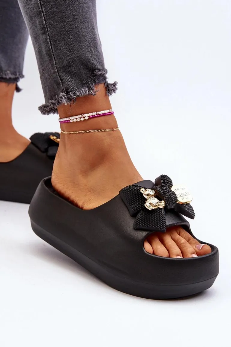 Piankowe Klapki Damskie Z Kokardą Czarne Salessa