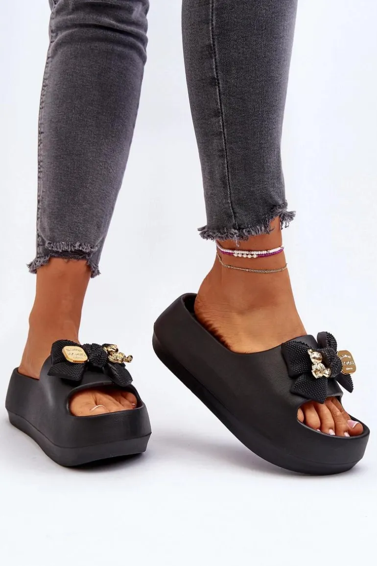 Piankowe Klapki Damskie Z Kokardą Czarne Salessa