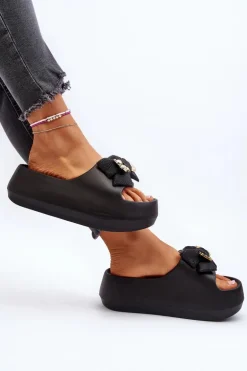 Piankowe Klapki Damskie Z Kokardą Czarne Salessa