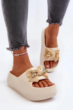 Piankowe Klapki Damskie Z Kokardą Beżowe Salessa