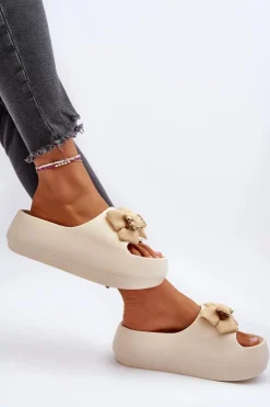 Piankowe Klapki Damskie Z Kokardą Beżowe Salessa