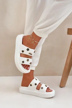 Piankowe Klapki Damskie Z Przypinkami Białe Ravanala