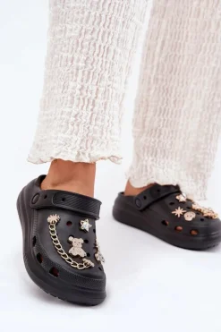 Piankowe Klapki Damskie Z Przypinkami Czarne Linaviela