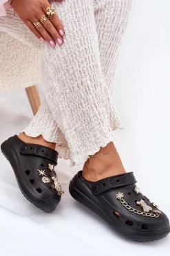 Piankowe Klapki Damskie Z Przypinkami Czarne Linaviela