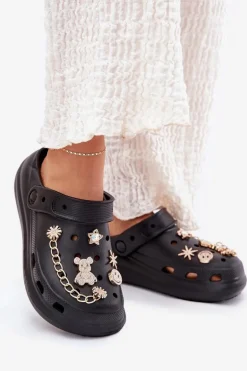 Piankowe Klapki Damskie Z Przypinkami Czarne Linaviela