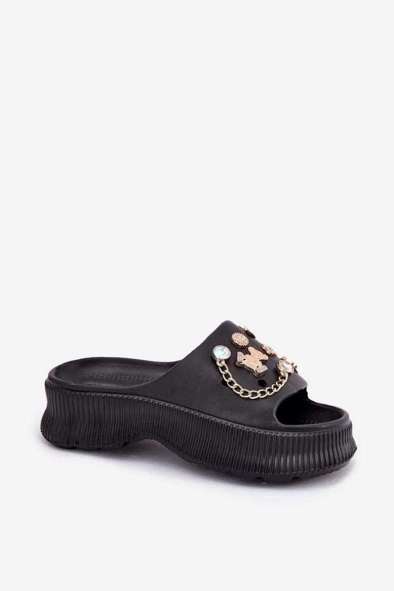Piankowe Klapki Damskie Ze Złotymi Przypinkami Czarne Hortiana
