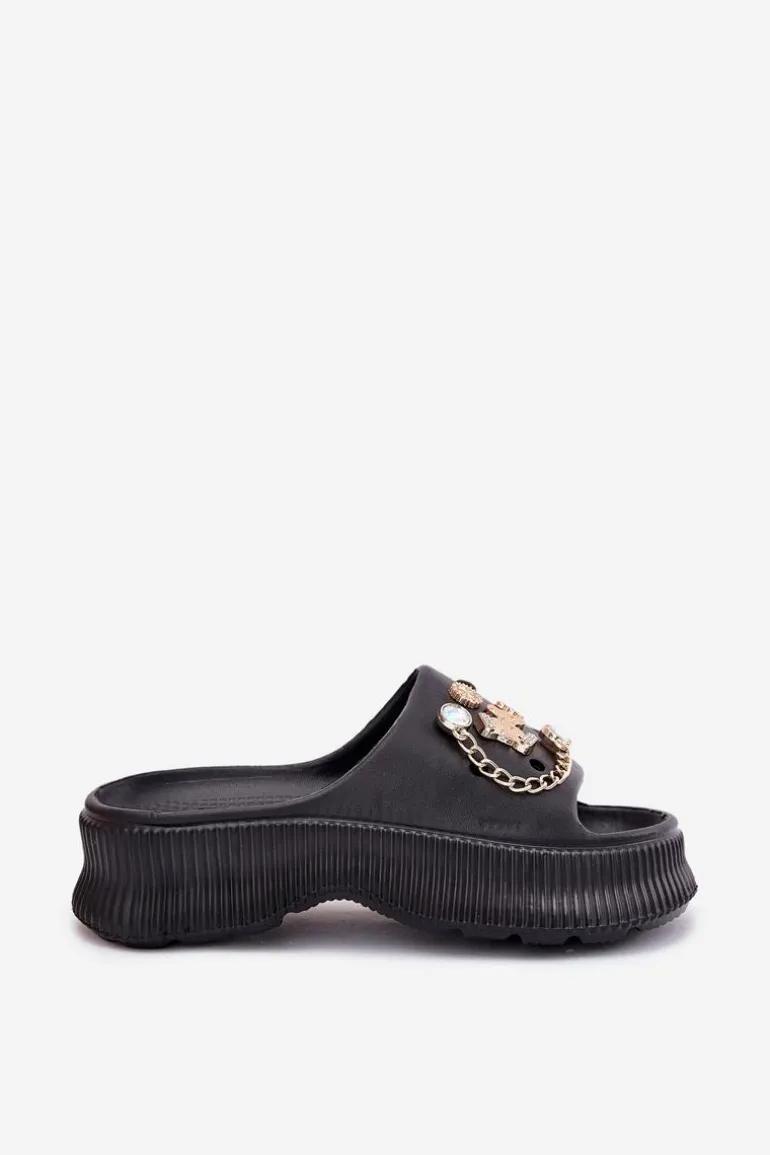 Piankowe Klapki Damskie Ze Złotymi Przypinkami Czarne Hortiana
