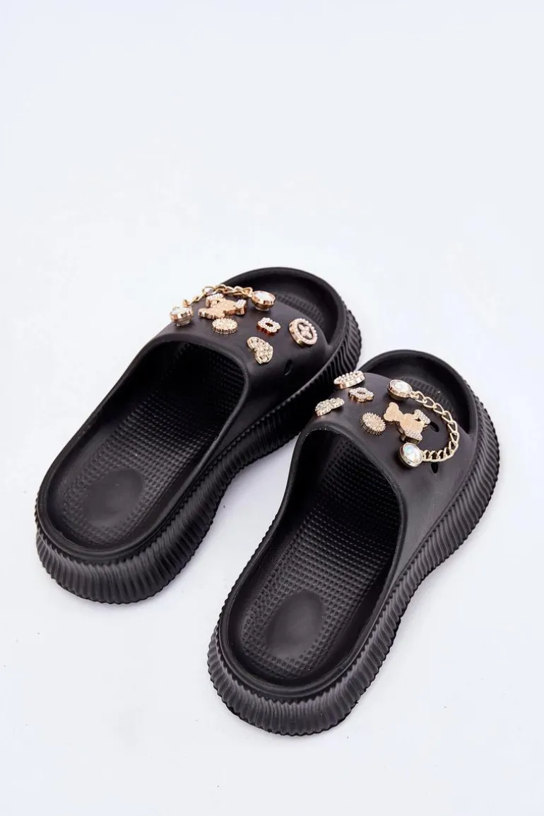 Piankowe Klapki Damskie Ze Złotymi Przypinkami Czarne Hortiana