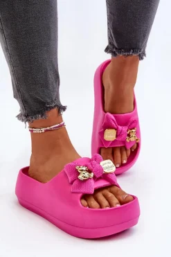 Piankowe Klapki Damskie Z Kokardą Fuksja Salessa