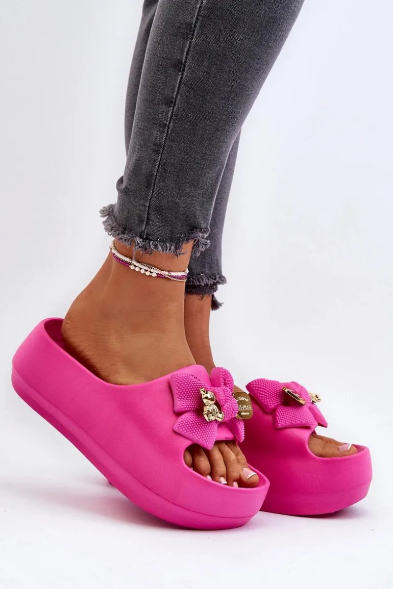 Piankowe Klapki Damskie Z Kokardą Fuksja Salessa