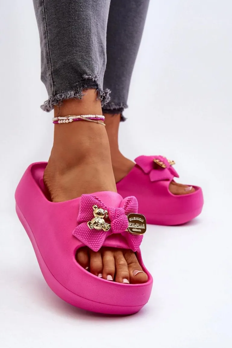 Piankowe Klapki Damskie Z Kokardą Fuksja Salessa