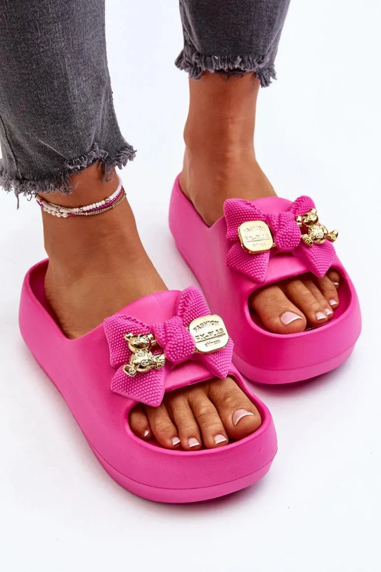 Piankowe Klapki Damskie Z Kokardą Fuksja Salessa