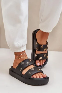 Piankowe Klapki Damskie Z Przypinkami Czarne Ravanala