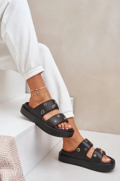 Piankowe Klapki Damskie Z Przypinkami Czarne Ravanala