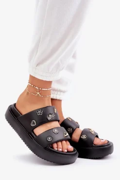 Piankowe Klapki Damskie Z Przypinkami Czarne Ravanala