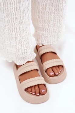 Piankowe Lekkie Klapki Damskie Na Platformie S.Barski ZK51-001 Beżowe