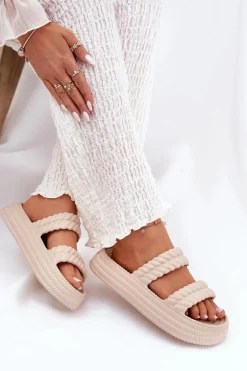 Piankowe Lekkie Klapki Damskie Na Platformie S.Barski ZK51-001 Beżowe