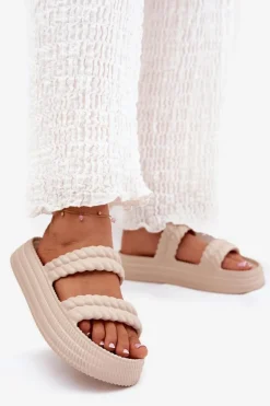 Piankowe Lekkie Klapki Damskie Na Platformie S.Barski ZK51-001 Beżowe