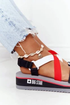 Piankowe Sandały Na Koturnie Big Star HH274A082 Czerwono-Białe