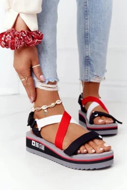 Piankowe Sandały Na Koturnie Big Star HH274A082 Czerwono-Białe