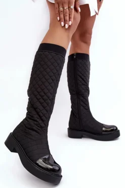 Pikowane Kozaki Przed Kolano Na Płaskim Obcasie Czarne Amalfri