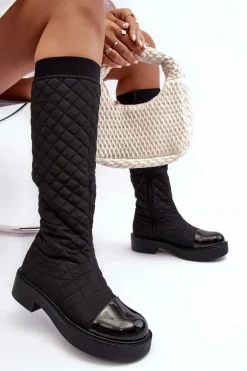 Pikowane Kozaki Przed Kolano Na Płaskim Obcasie Czarne Amalfri