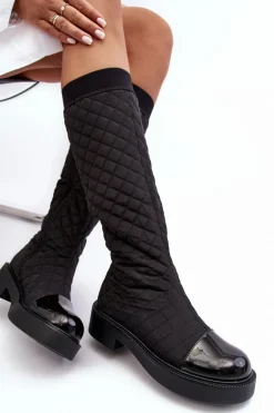 Pikowane Kozaki Przed Kolano Na Płaskim Obcasie Czarne Amalfri