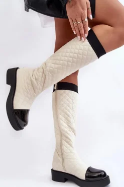 Pikowane Kozaki Przed Kolano Na Płaskim Obcasie Beżowe Amalfri