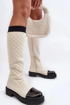 Pikowane Kozaki Przed Kolano Na Płaskim Obcasie Beżowe Amalfri