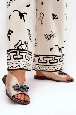 Połyskujące Sandały Damskie Z Ozdobą Płaskie Różowe Złoto Russona