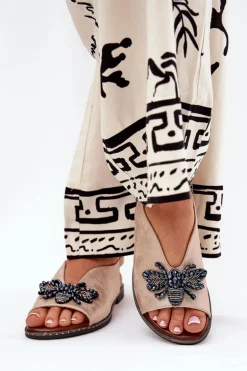 Połyskujące Sandały Damskie Z Ozdobą Płaskie Różowe Złoto Russona