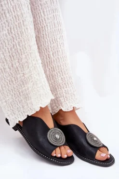 Połyskujące Sandały Damskie Ozdobnym Detalem S.Barski KV51-012 Czarne