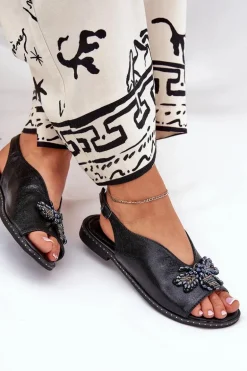 Połyskujące Sandały Damskie Z Ozdobą Płaskie Czarne Russona