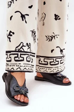 Połyskujące Sandały Damskie Z Ozdobą Płaskie Czarne Russona