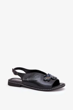 Połyskujące Sandały Damskie Z Ozdobą Płaskie Czarne Russona