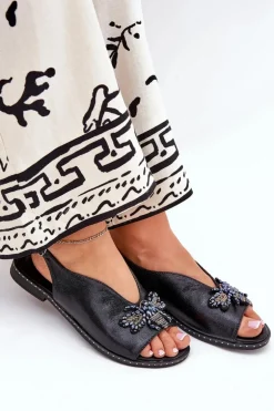 Połyskujące Sandały Damskie Z Ozdobą Płaskie Czarne Russona