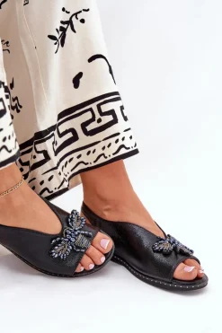 Połyskujące Sandały Damskie Z Ozdobą Płaskie Czarne Russona