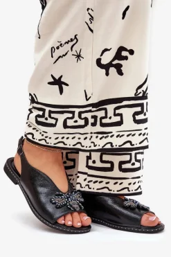 Połyskujące Sandały Damskie Z Ozdobą Płaskie Czarne Russona