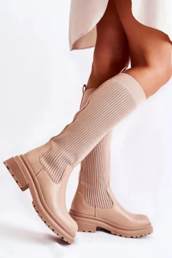 Prążkowane Damskie Kozaki Na Płaskim Obcasie Beżowe Allys