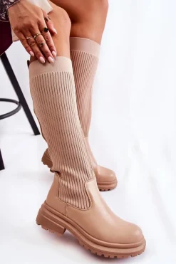 Prążkowane Damskie Kozaki Na Płaskim Obcasie Beżowe Allys