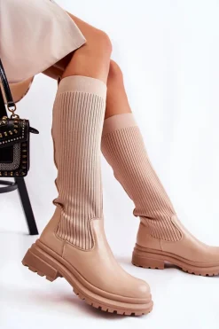 Prążkowane Damskie Kozaki Na Płaskim Obcasie Beżowe Allys