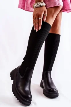 Prążkowane Damskie Kozaki Na Płaskim Obcasie Czarne Allys