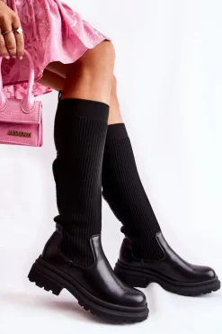 Prążkowane Damskie Kozaki Na Płaskim Obcasie Czarne Allys
