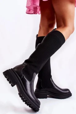 Prążkowane Damskie Kozaki Na Płaskim Obcasie Czarne Allys