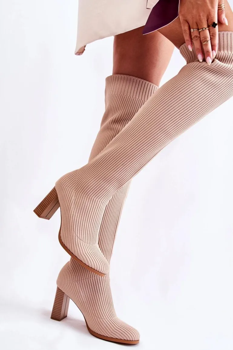 Prążkowane Klasyczne Kozaki Na Obcasie Beżowe Laossi